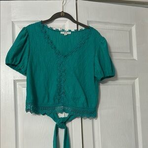 Mine Green Puff Sleeve Crop Blouse